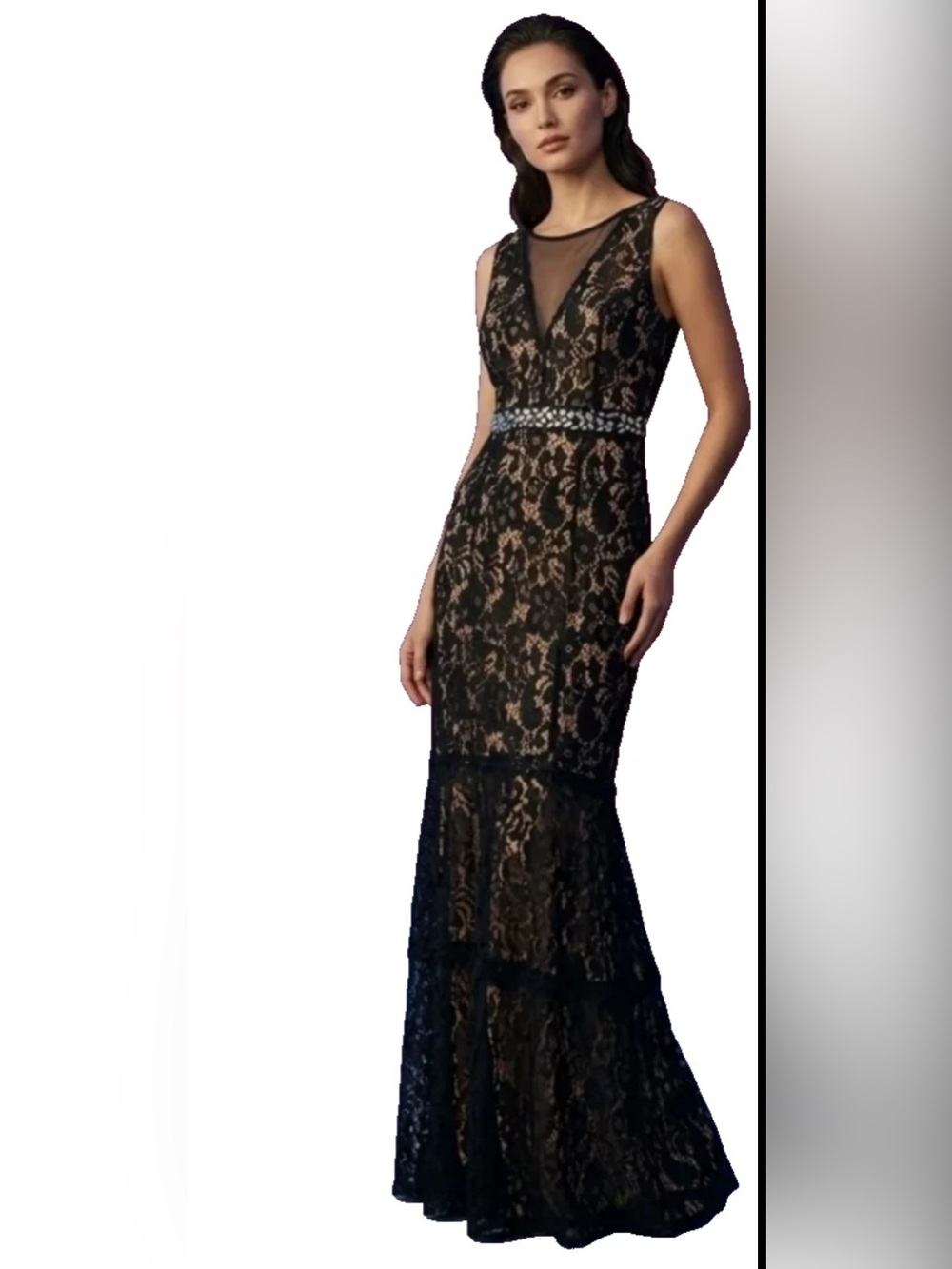 Enfocus Black Floral Lace Nude Overlay Crystal Beaded Cocktail Maxi Dress Sz 18W